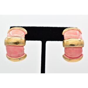 Robért Vintage Clip Earrings Dangle Pink Enamel Gold Chunky Heavy Signed BinBF